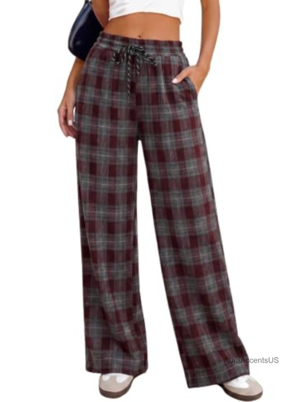 Women's Plaid Wide Leg Pants with Pockets High Waist